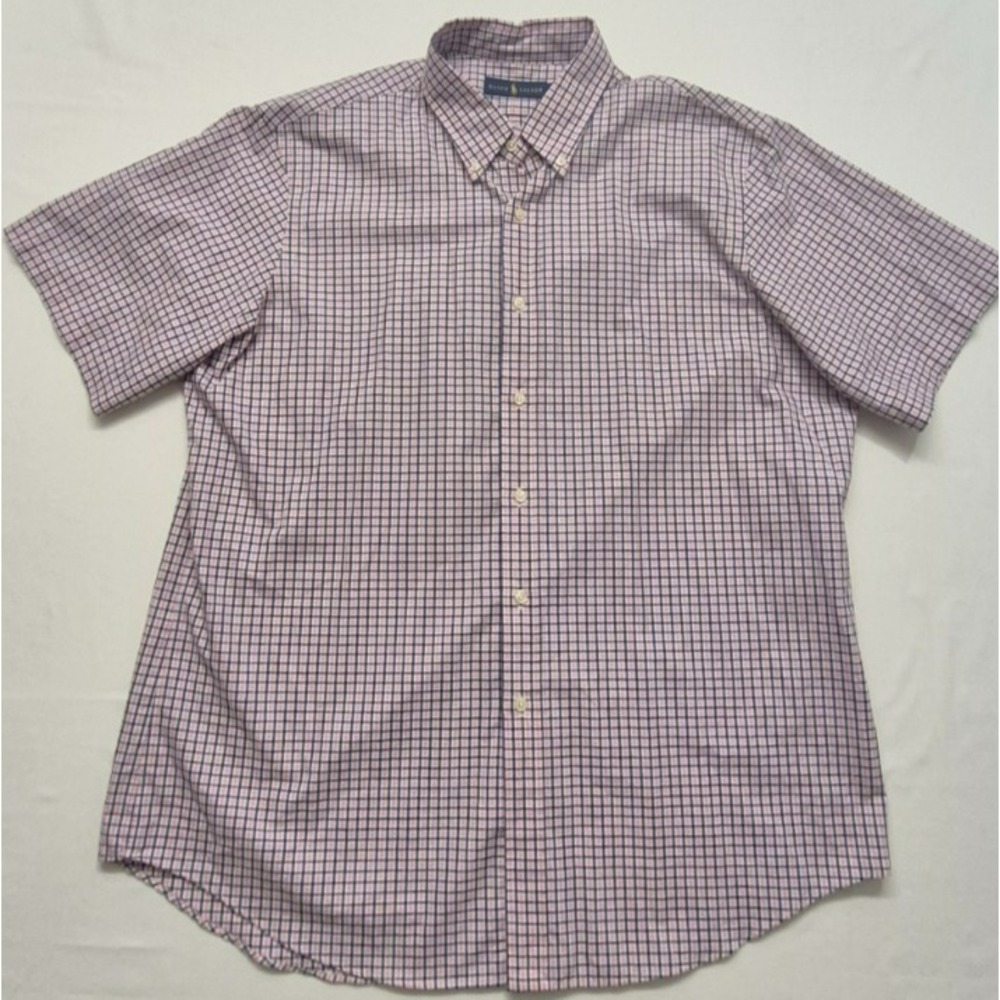 Ralph Lauren men's pink/navy/white plaid button up short sleeve shirt sz. XL‎